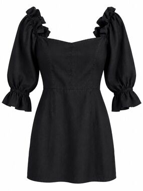 Reformation Kora Linen Off Shoulder Mini Dress Black Sz 10 quiet luxury coastal